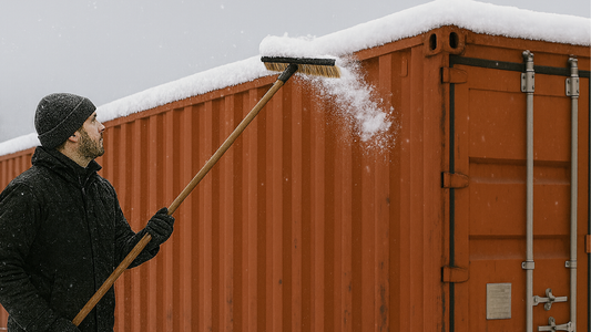 Clearing snow from a shipping container roof