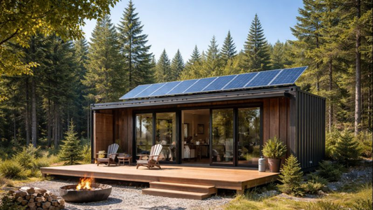 off-grid shipping container cabin with solar panels