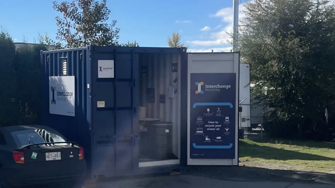 oil recycling depot made from a shipping container in Kelowna